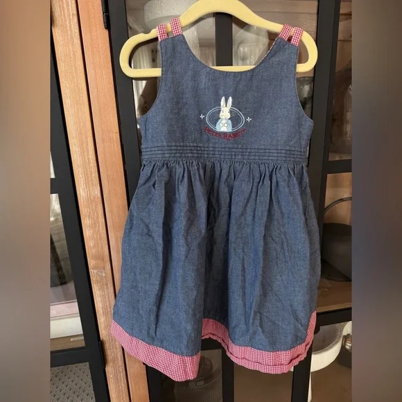 Vintage Peter Rabbit embroidered denim dress toddler girl gingham y2k
